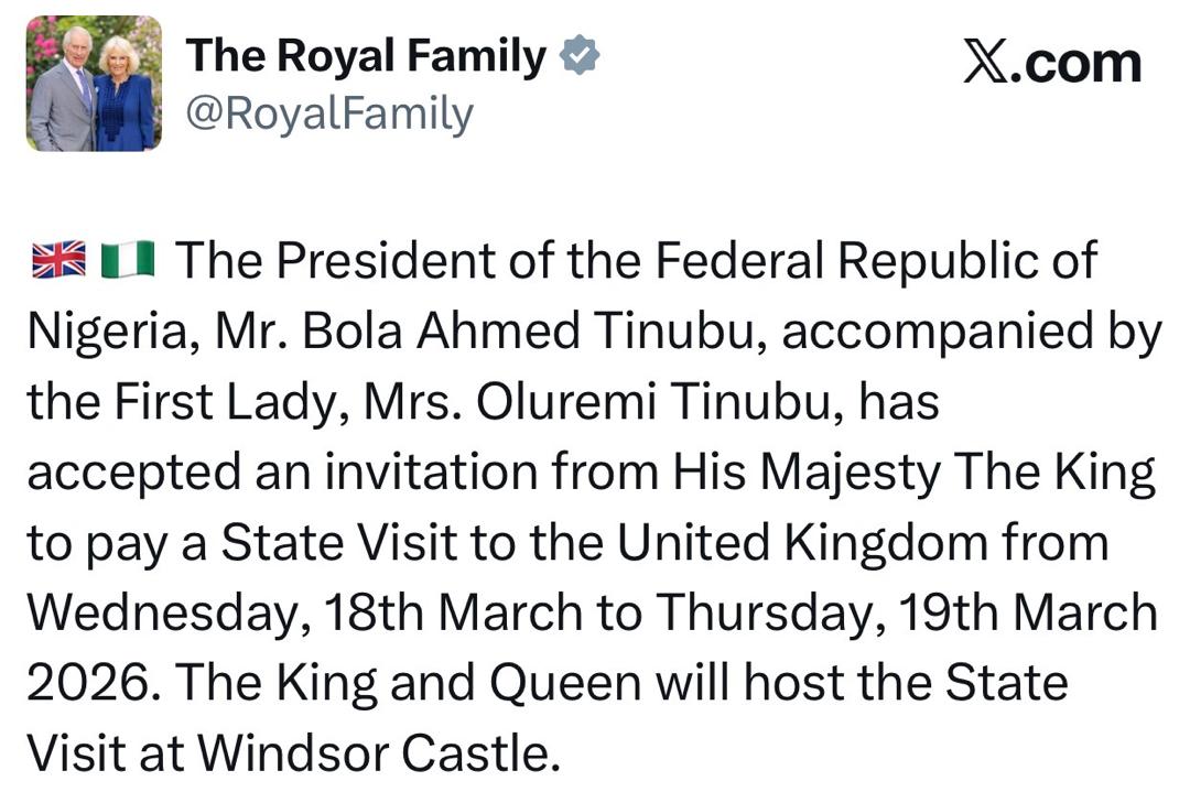 President Tinubu and First Lady Oluremi to pay state visit to the UK on King Charlesâ€™ invitation